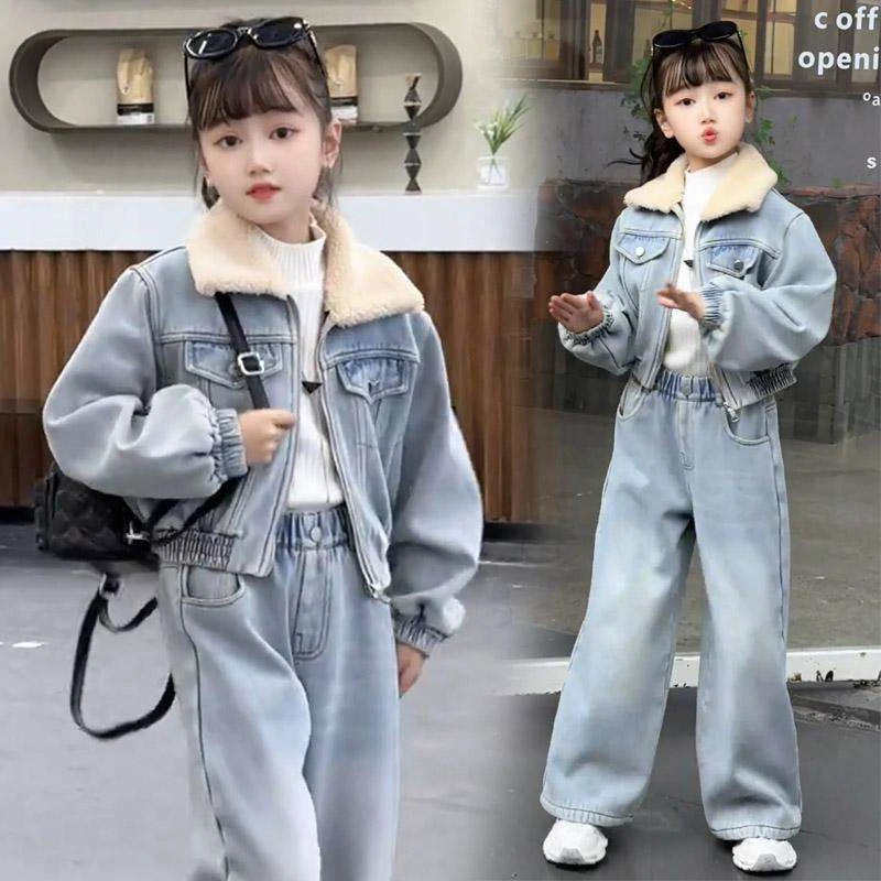 FAVMARTHA女童加绒牛仔套装秋冬装网红加厚短款外套直筒阔腿裤炸