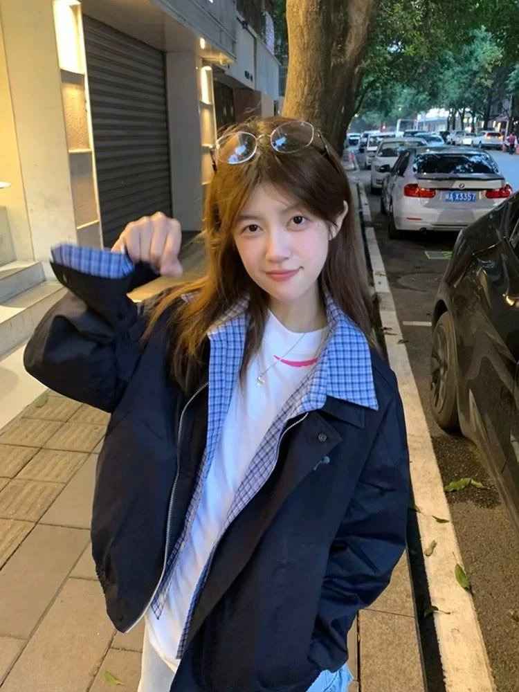 撞色拼接假两件外套女春秋2025新款美式复古宽松情侣翻领开衫夹克
