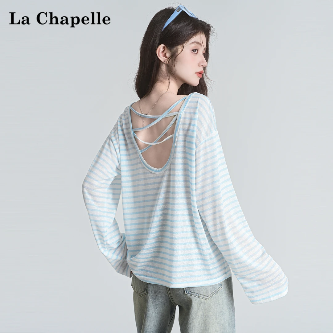 拉夏贝尔美式设计感防晒罩衫t恤女夏宽松慵懒休闲长袖条纹上衣