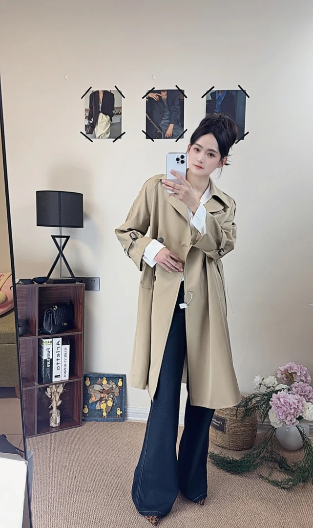 经典风衣外套英伦风中长款廓形翻领大衣早春秋新款大衣收腰卡其色