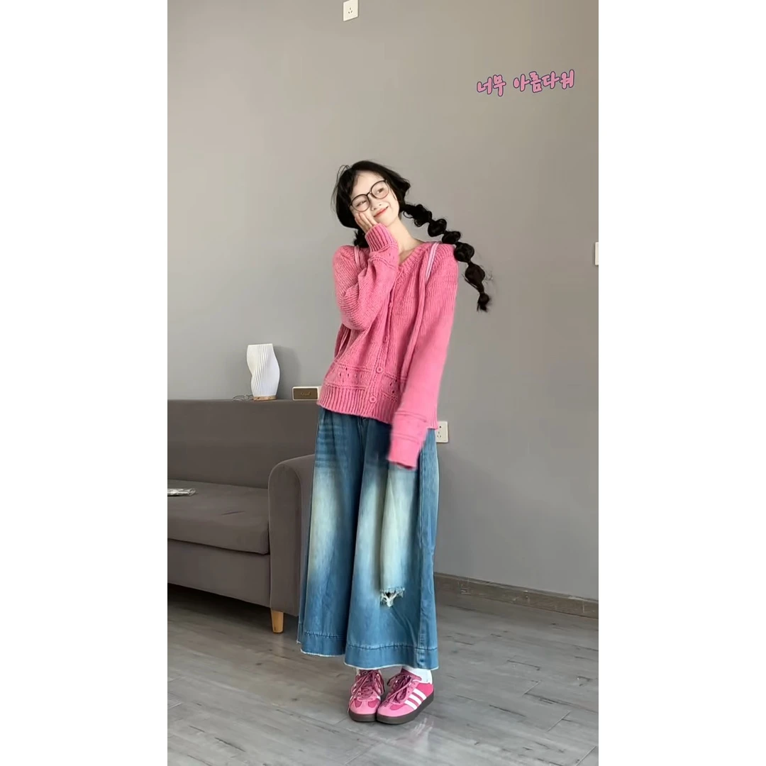 parkyeon多巴胺早秋别致开衫毛衣女搭配设计感宽松牛仔裤两件套