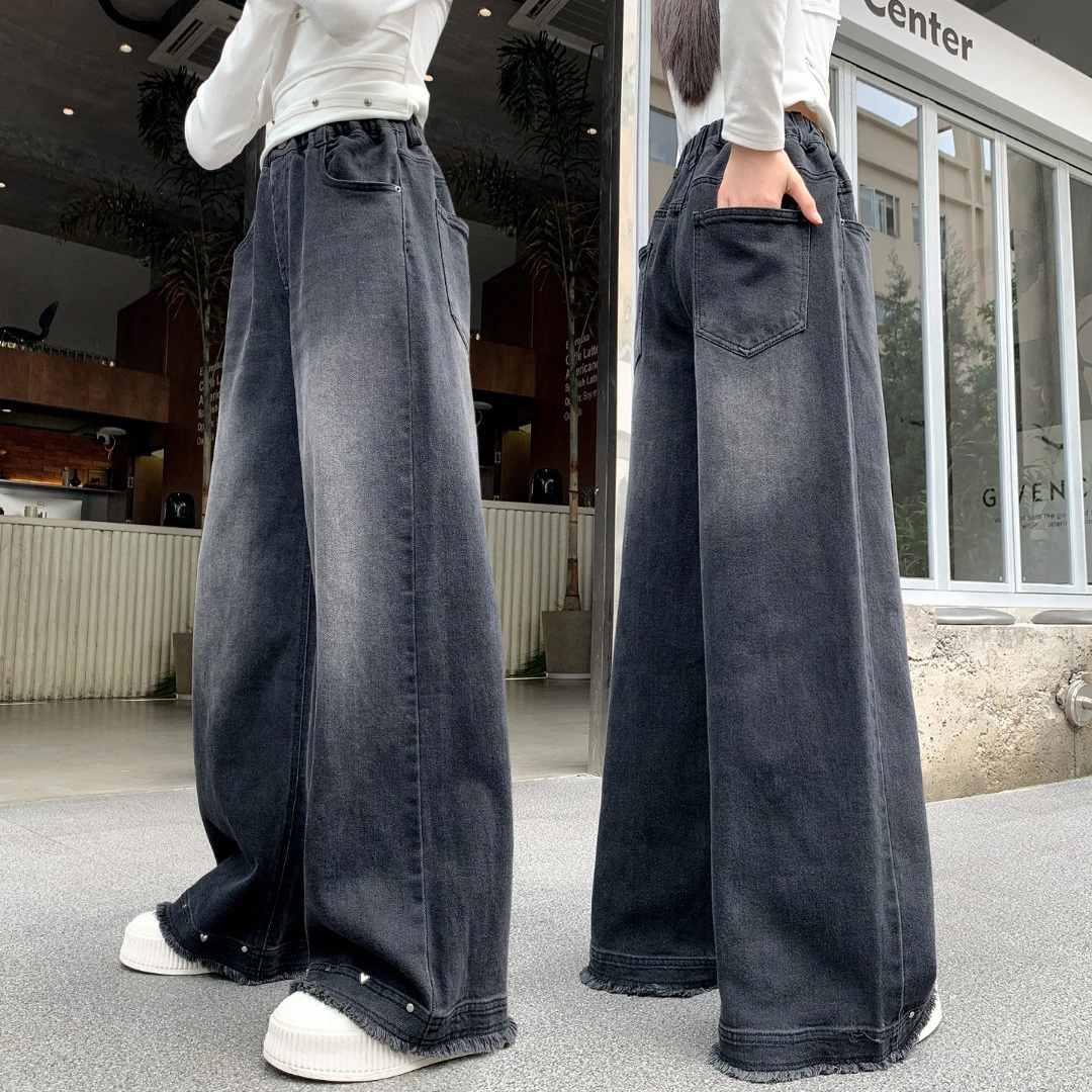 女童牛仔裤春秋儿童直筒裤子女孩2025新款中大童初中生阔腿裤秋装