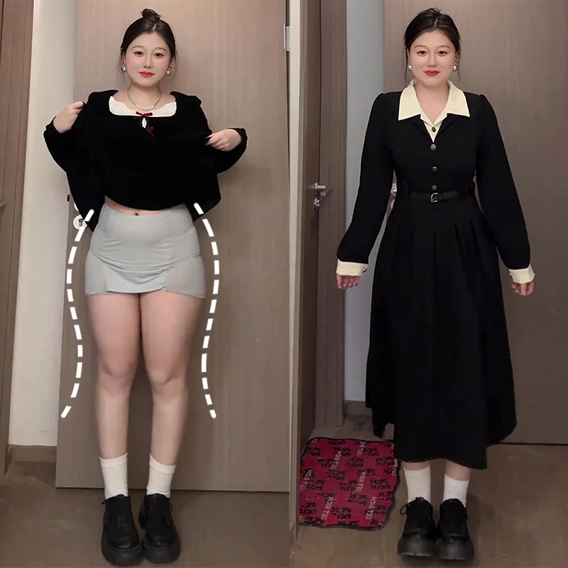 大码黑色连衣裙女秋季新款胖mm梨型身材收腰遮肉显瘦减龄a字裙子