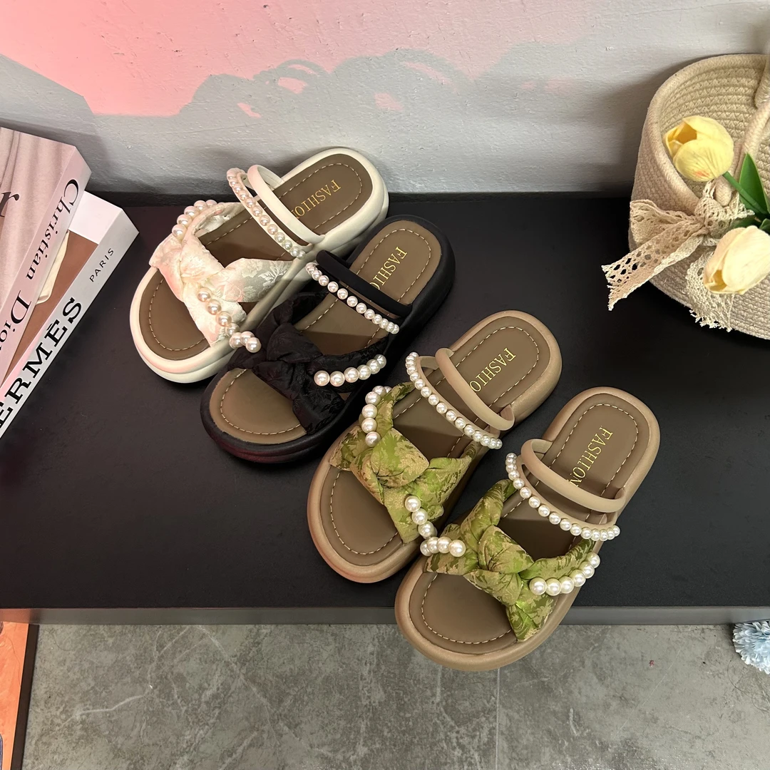 网红仙女风厚底拖鞋女夏季时尚配裙子2025新款珍珠罗马沙滩凉拖鞋