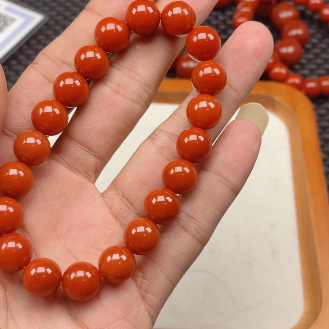 南红玛瑙未镶嵌瓦西柿子红圆珠手串卡10