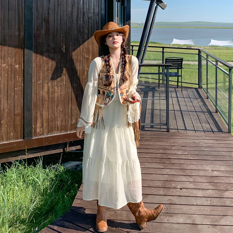 复古文艺范民族风印花马甲连衣裙2025春秋新款川西旅游穿搭套装裙