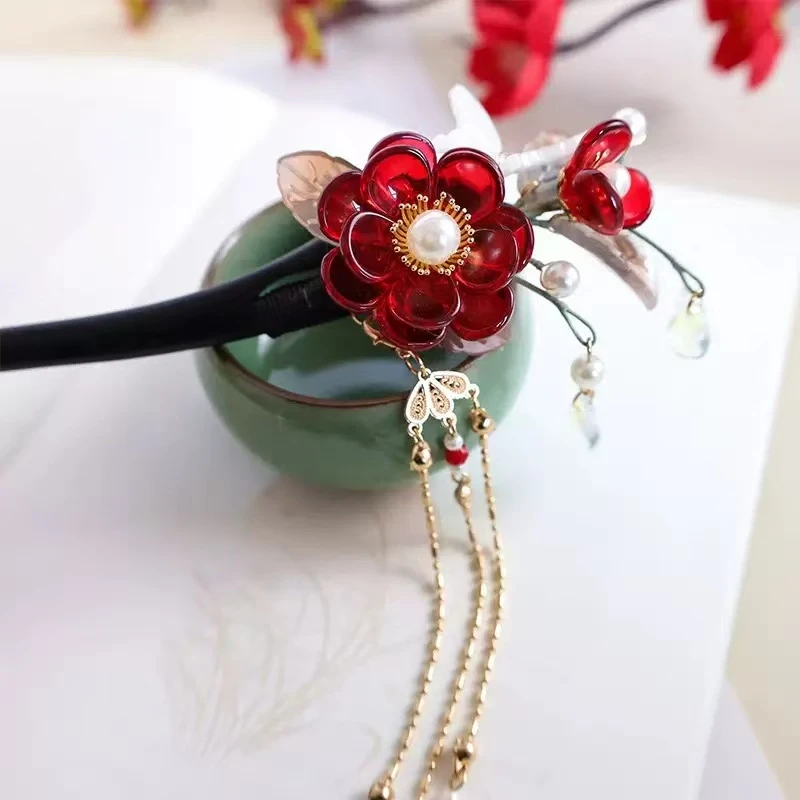 新中式黑檀木发簪红色琉璃花国风发簪18cm