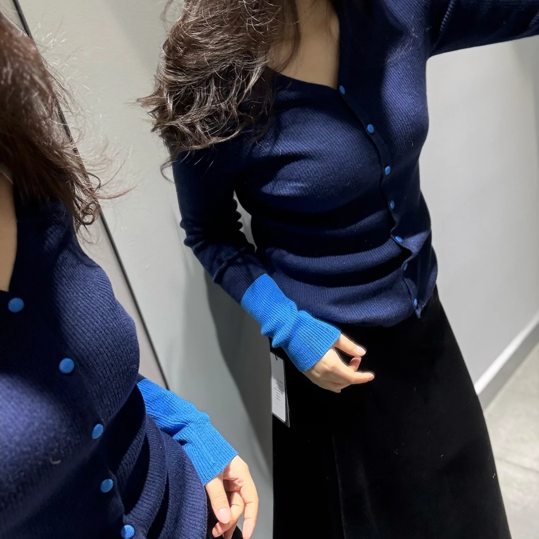 「撞色拼接」韩系针织开衫女春秋百搭显瘦毛衣外套v领修身气质