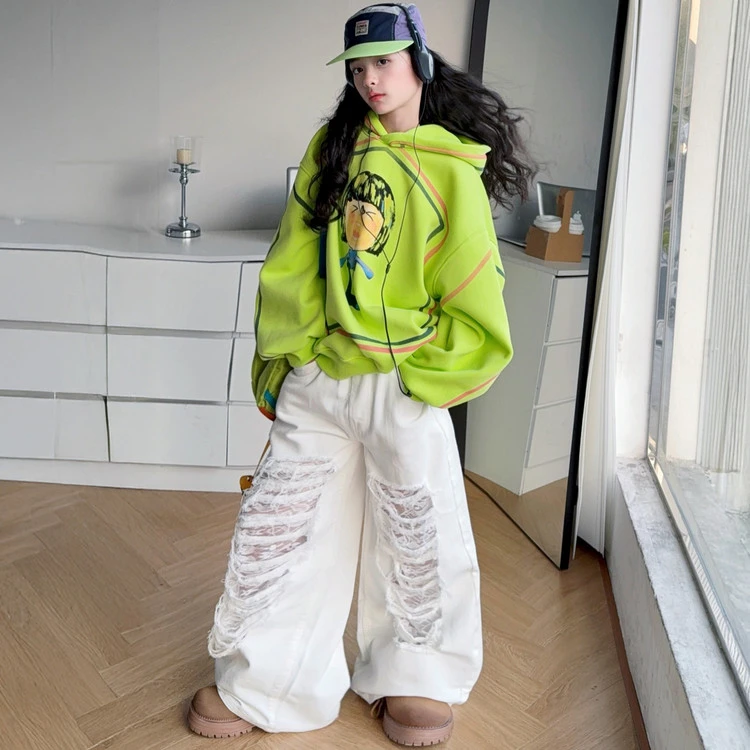 绿色连帽加绒卫衣女童秋冬2025新宽松设计感小众外套oversize上衣