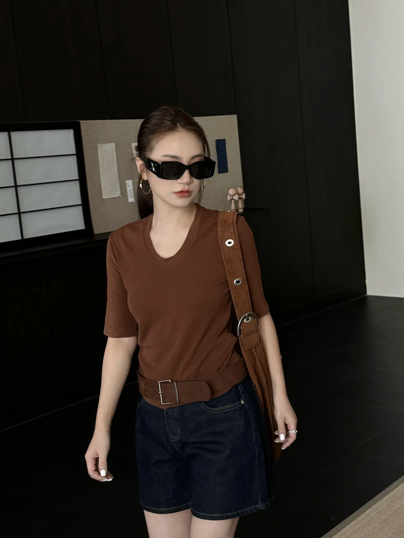 玖黛衣【天鹅颈】早秋百搭纯色U领简约短袖T恤TXP42120