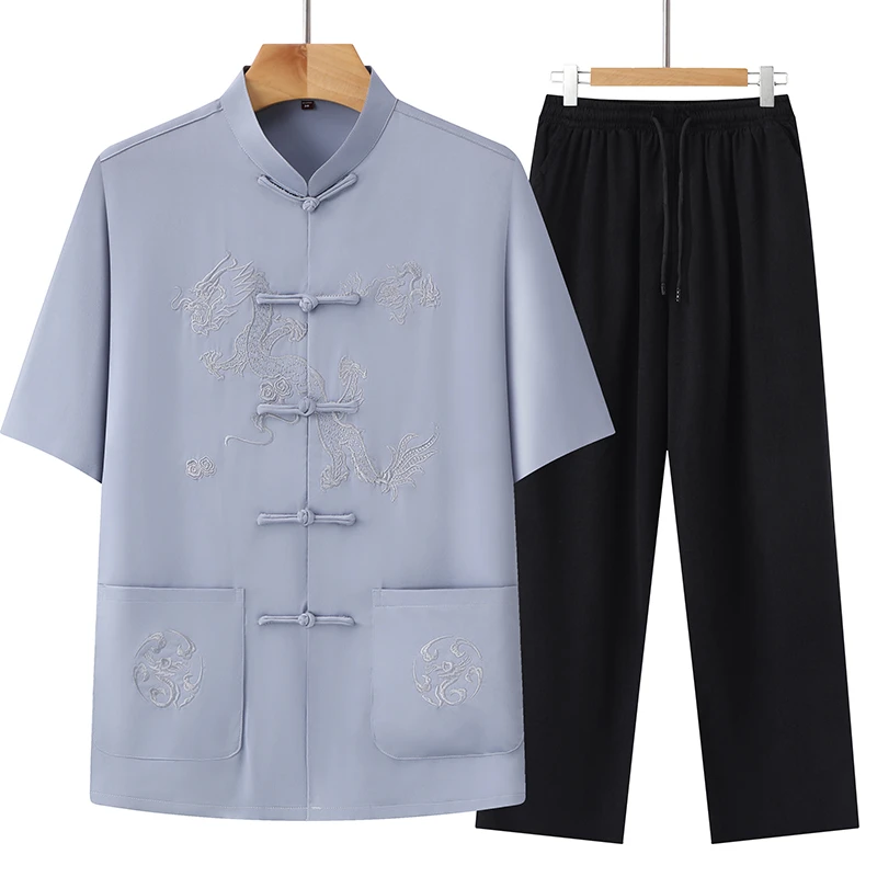 中老年唐装男爸爸夏装短袖薄款冰丝新中式国风爷爷老年人休闲套装