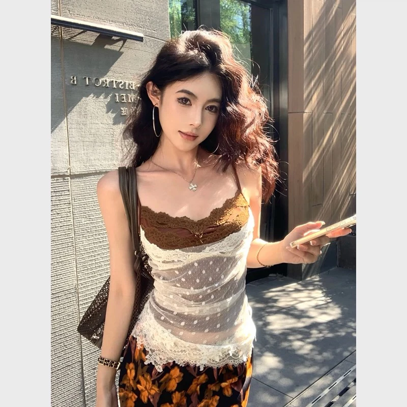 纯欲复古波点蕾丝假两件花边吊带背心无袖外穿辣妹内搭上衣夏季女