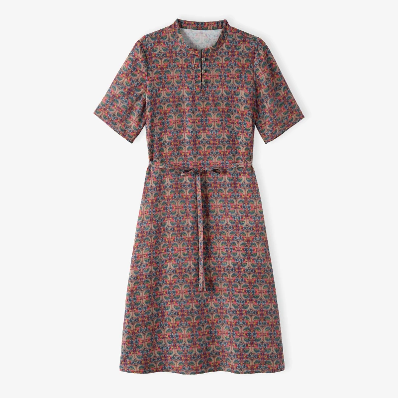 韩穆KA67899亚麻复古印花女装连衣裙夏季新款妈妈大码收腰显瘦裙