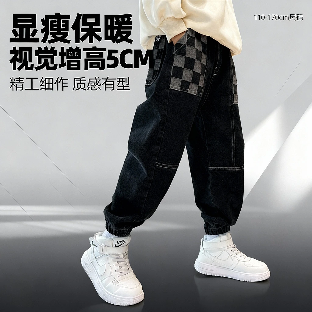 男童牛仔裤子春秋冬款2025新款冬季中大儿童秋装休闲加绒长裤男孩