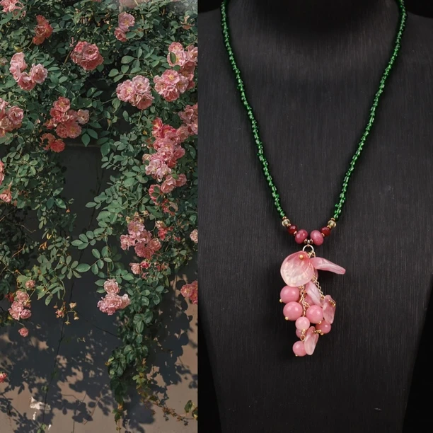 合金项链 LZ3150 粉色多头月季花瓣桃花粉粉料绿色小米珠琉璃项链
