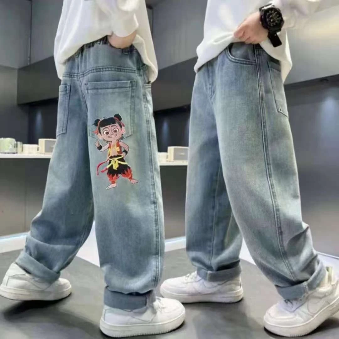【哪吒牛仔裤】2025新款春秋洋气炸街中大童韩版宽松时尚高腰牛仔裤
