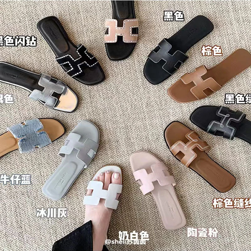养马女孩网红爆款水钻方头H型沙滩平底凉拖鞋女百搭夏季凉拖外穿