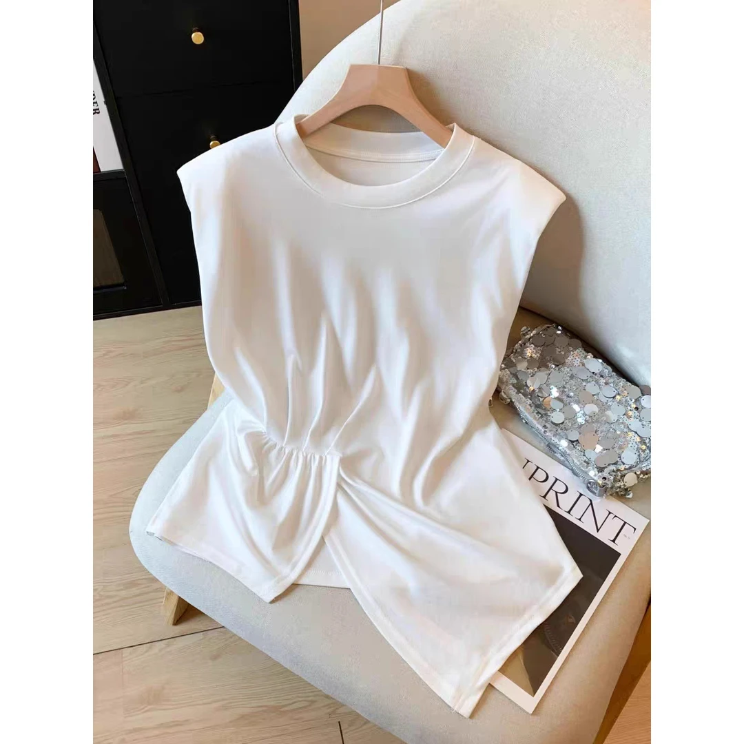 1605#法式小众设计感褶皱圆领T恤女夏新款显瘦收腰不规则无袖上衣