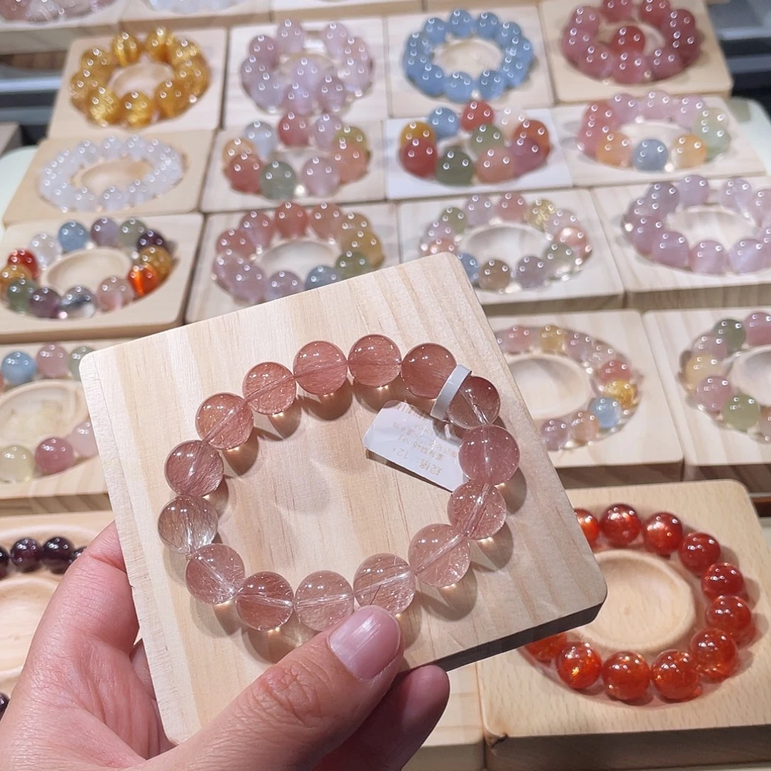 水晶手链未镶嵌粉钢丝手链，晶体通透