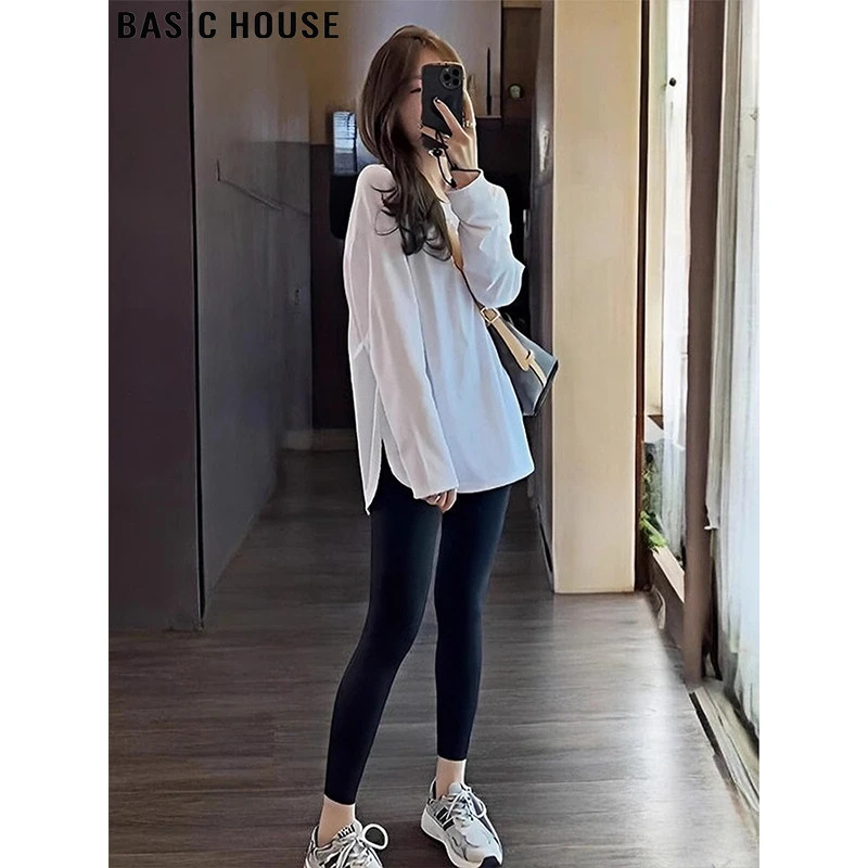 BasicHouse/百家好白色开叉打底衫女款秋季内搭中长版遮屁股T恤