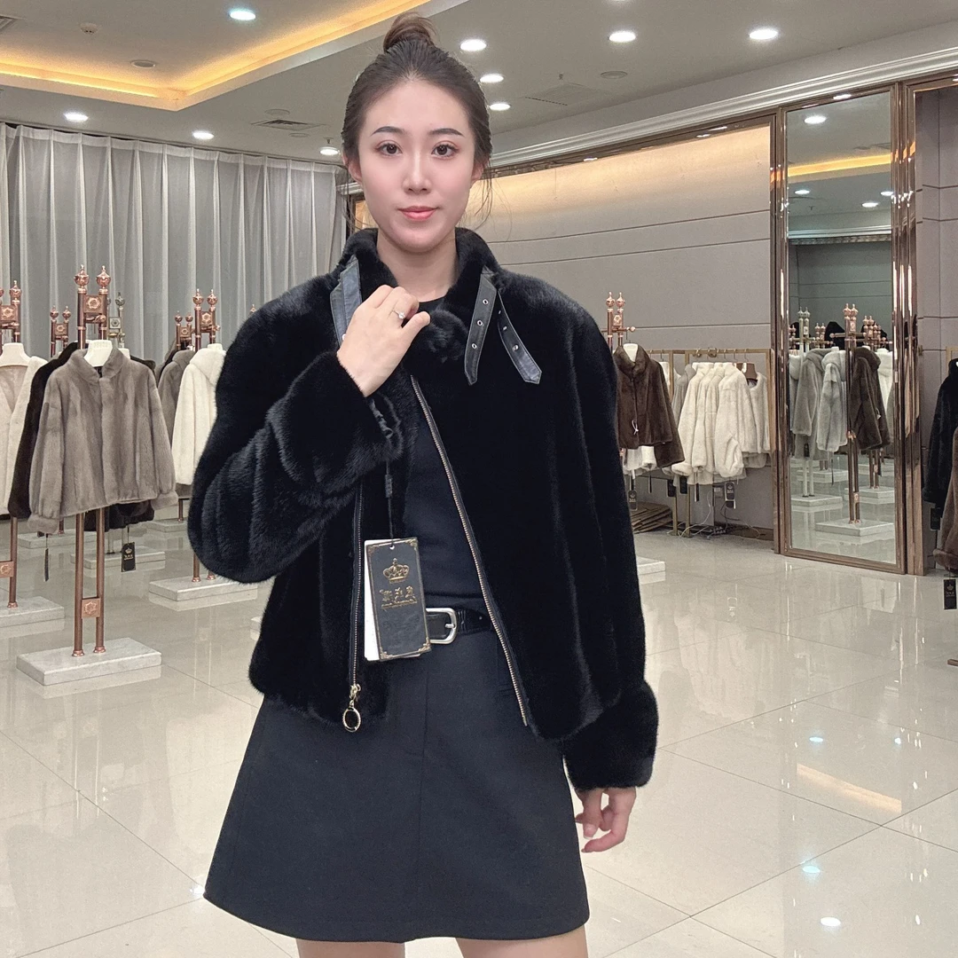 【岚威泷】冬季新款机车拉链款紫标水貂皮草貂皮外套