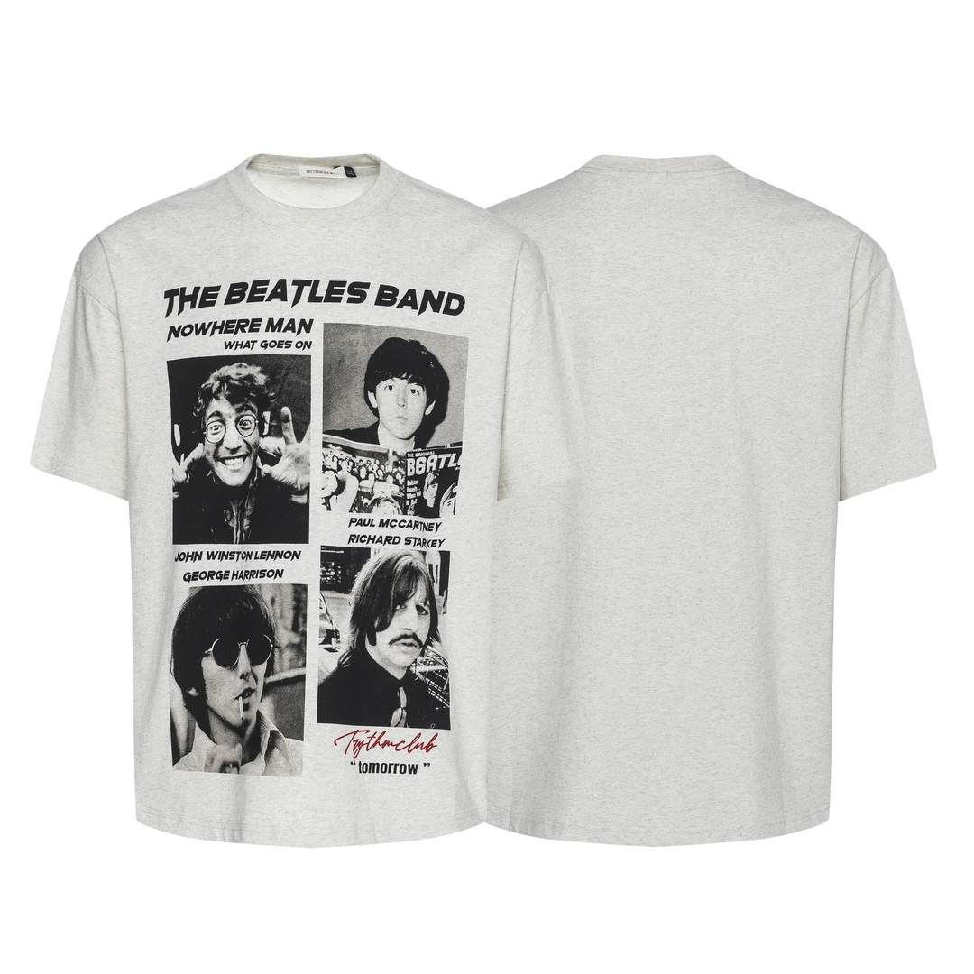 JADEQILIN美式重磅原创复古印花人像小领口短袖tee恤clean fit