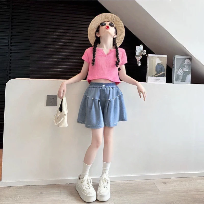 女童短裤夏季薄款外穿中大童裙裤时髦百搭洋气牛仔兰儿童三分裤子