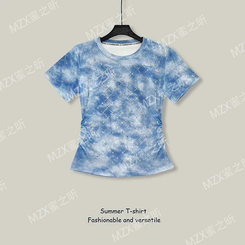 时尚短袖T恤女2025夏季新款设计感烫钻拼接捏褶修身气质显瘦上衣