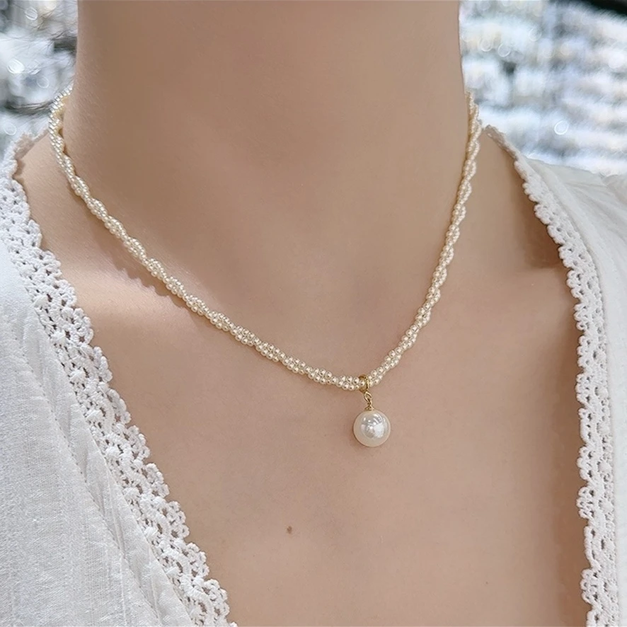 铜合金仿珍珠项链 气质优雅双层麻花ins小众百搭小米珠项链锁骨链