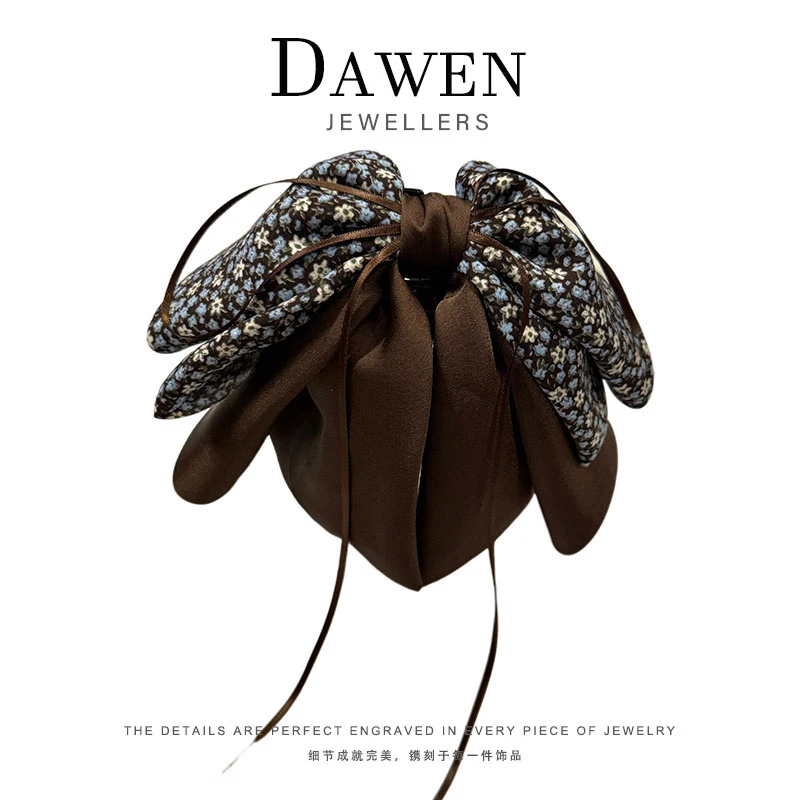 CY3010 丝滑咖色缎面碎花蝴蝶结马尾抓夹