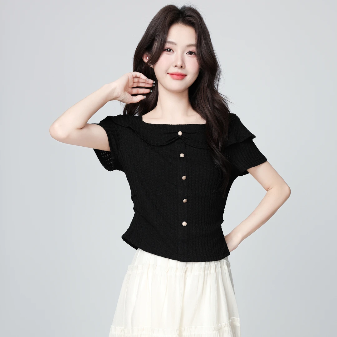 黑色方领短袖T恤女夏2025夏季新款设计感荷叶边收腰体恤短款上衣