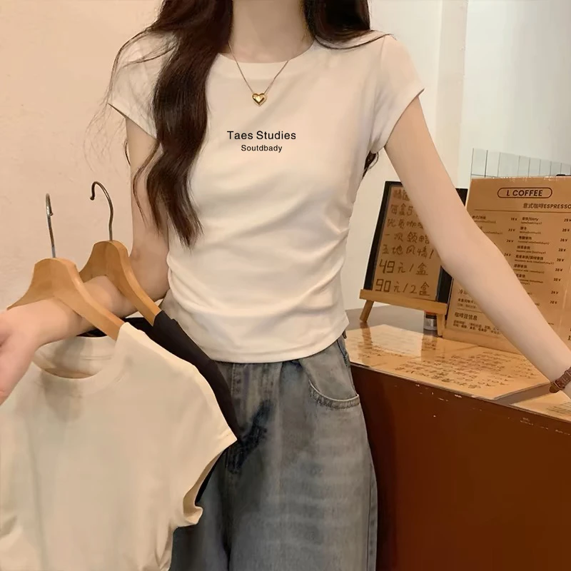 不规则褶皱圆领短袖t恤女夏季设计感修身短款小个子正肩体恤上衣