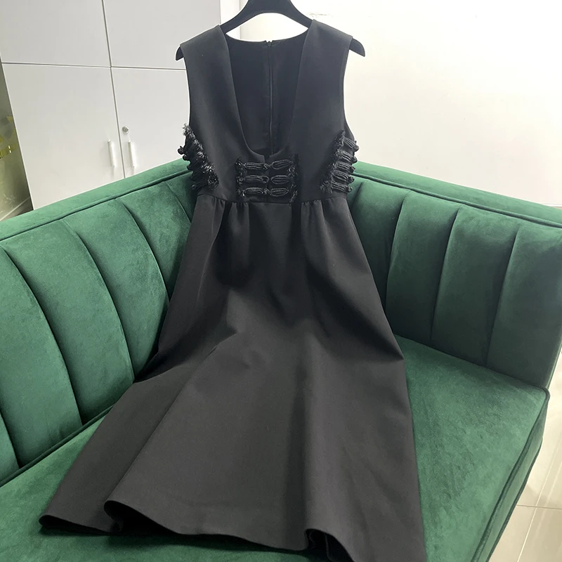 【品牌撤柜剪标】深U领流苏无袖名媛高腰超显瘦连衣裙0188