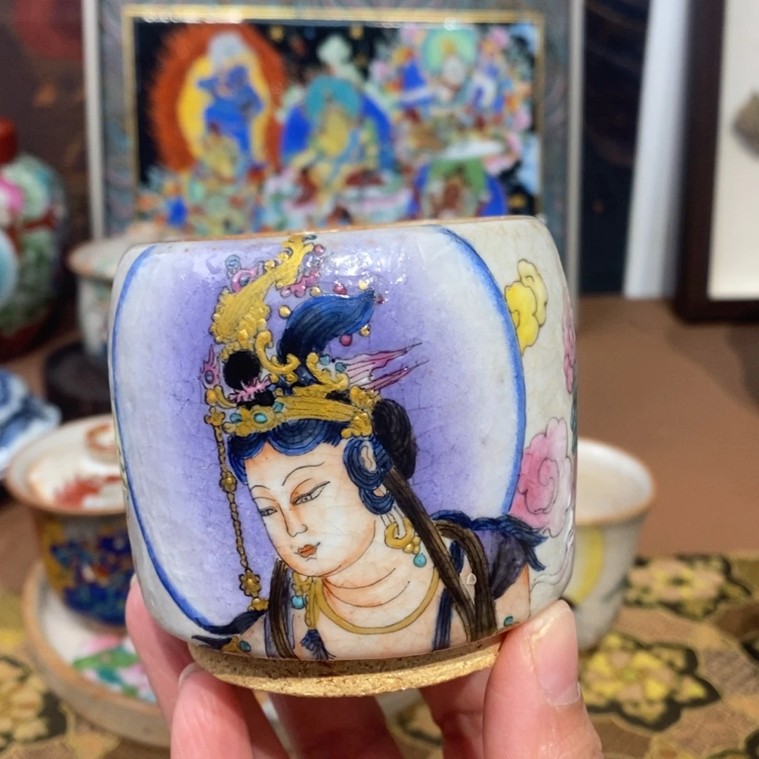 手工手绘水月观音茶杯