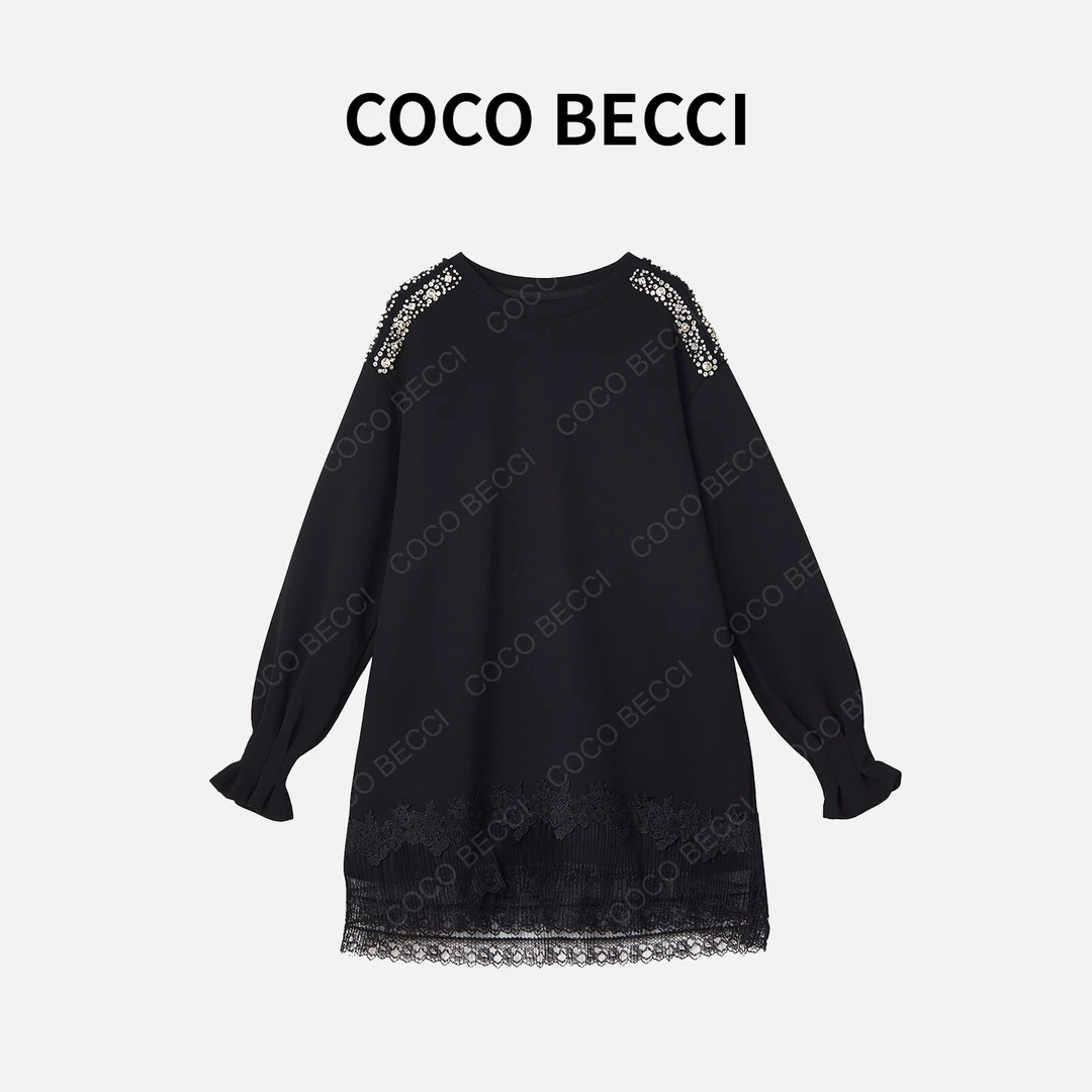 COCO BECCI【定格美好】重工蕾丝加绒长款卫衣YT24YW140012