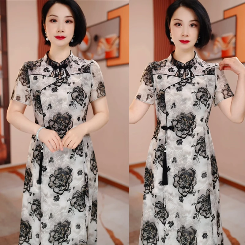 改良旗袍黑玫瑰时尚夏季新款遮肉显瘦中长款连衣裙优雅复古H5B093