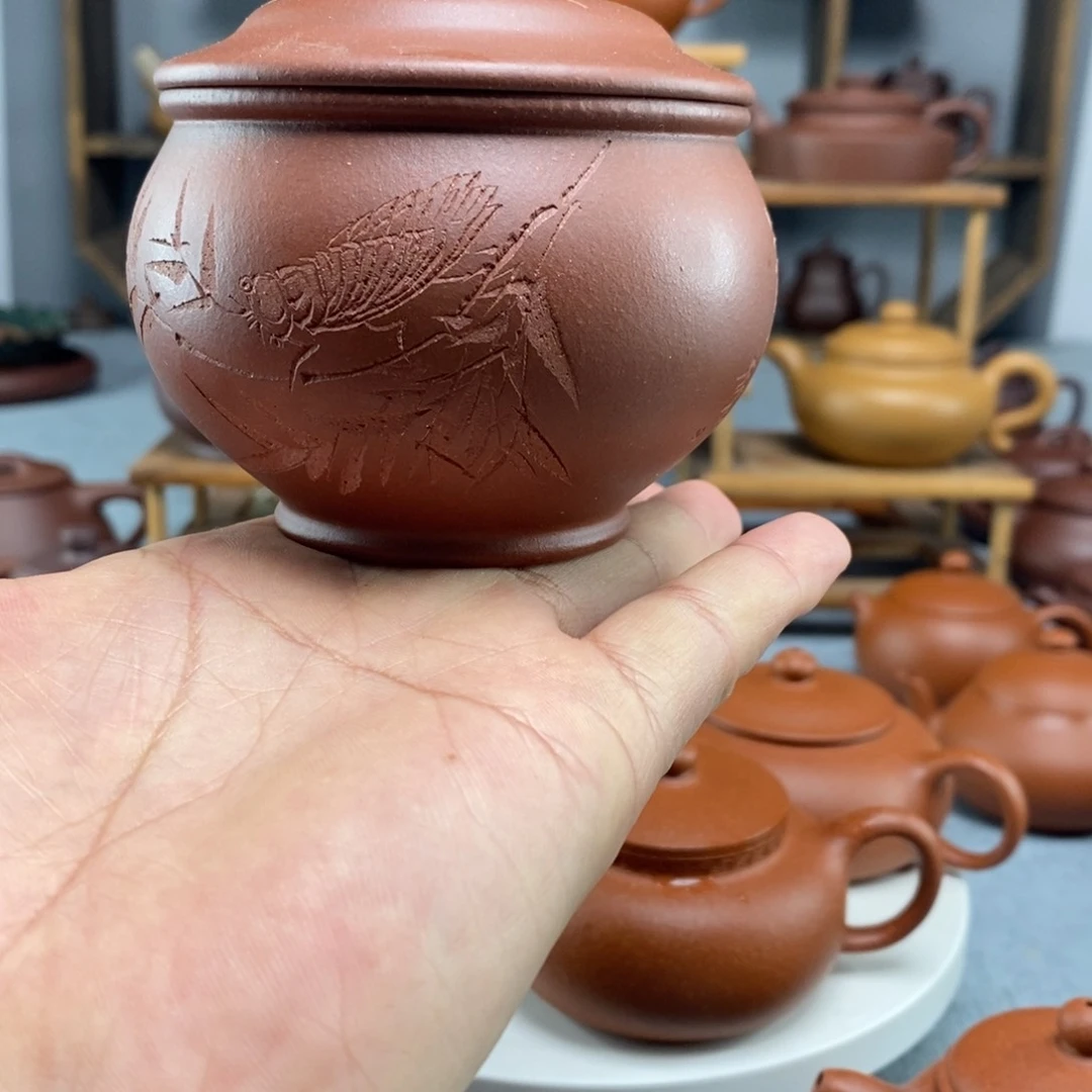 紫砂茶壶茶叶罐刻字红皮龙