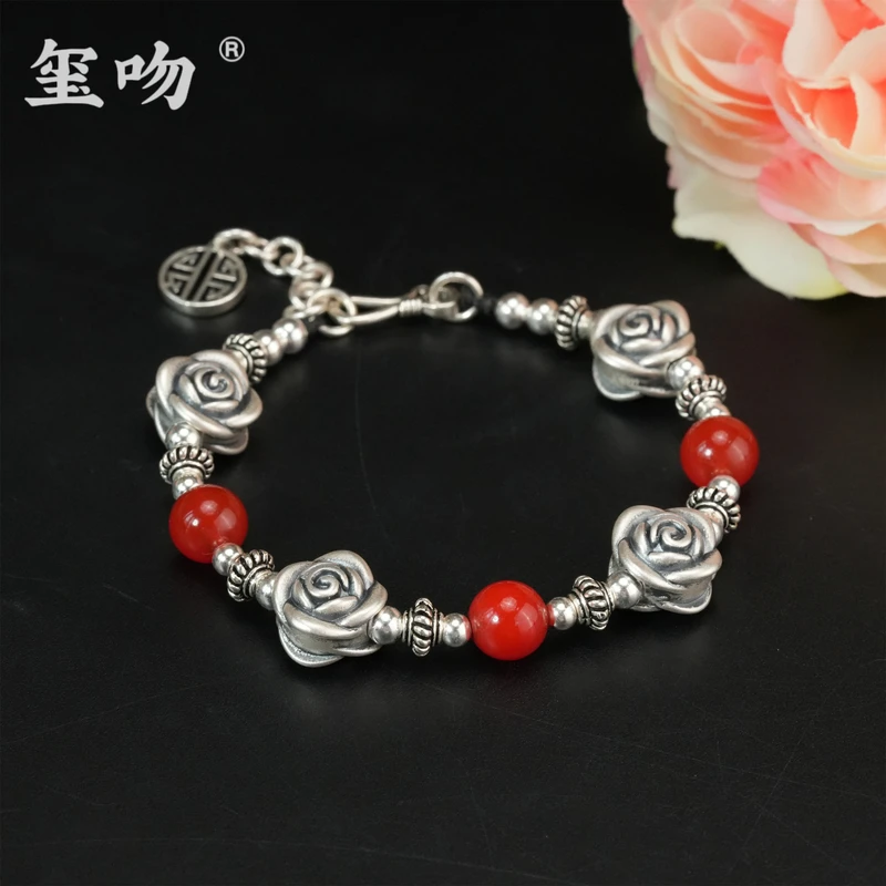 足银手链 【玺吻】足银 花开富贵玫瑰花手链