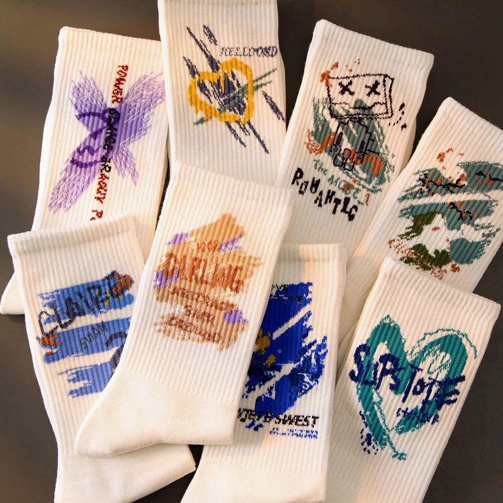 涂鸦袜子男ins潮百搭中筒春夏季学生运动篮球袜长筒潮男长袜