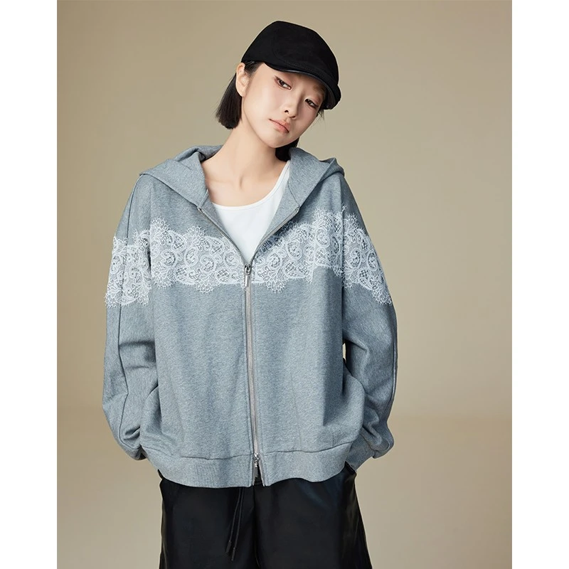 美洋MEIYANG【现货】浪花外套 圈圈肌理撒银蕾丝拼接连帽卫衣Se