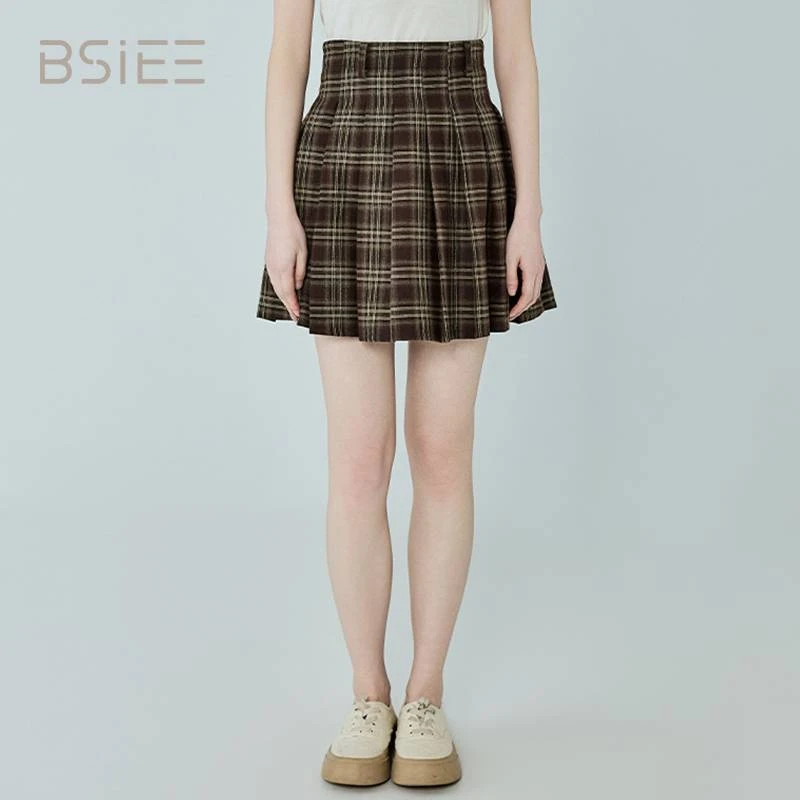 本涩BSIEE格子百褶半裙夏季新品时尚百搭通勤高腰半裙女