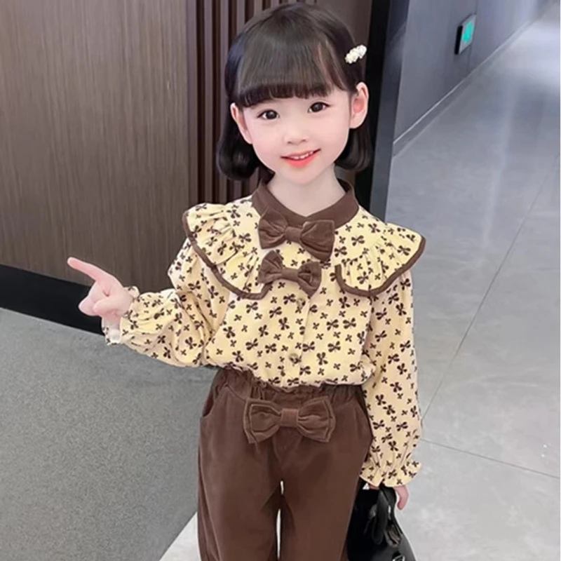 女童套装春秋款儿童洋气碎花衬衫上衣休闲韩版宝宝长裤两件套新款