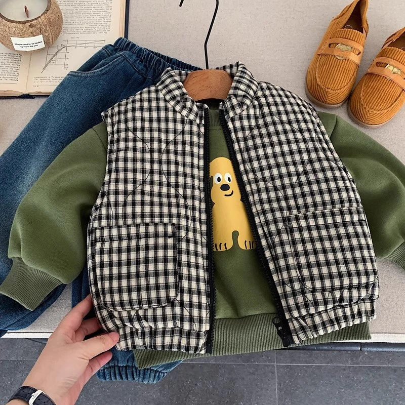 男童棉马甲2025新款儿童冬装加厚保暖背心宝宝时髦格子坎肩外套潮