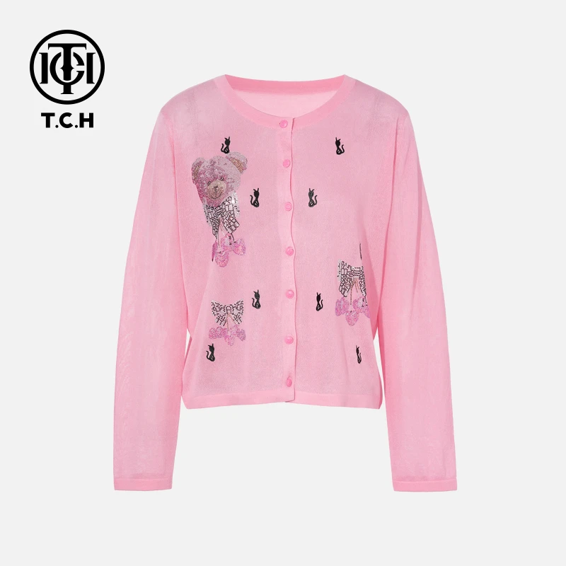 TCH私服烫钻工艺时尚休闲粉色淑女针织开衫女T75C43E5018轻奢tch