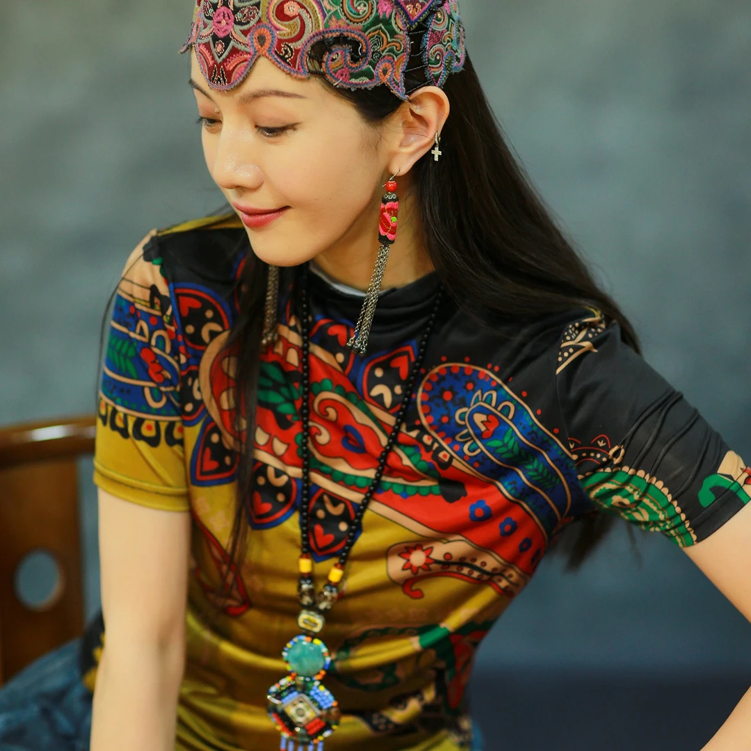 读你设计师自制花型/民族风T恤印花复古气质针织百搭网红 6672