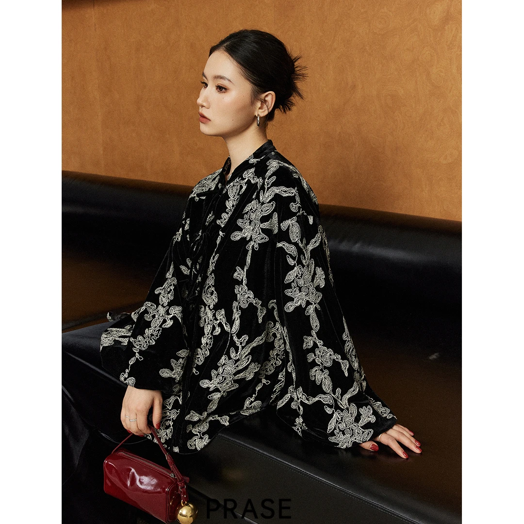 PRASE·噜【墨色芙蓉】微胖轻奢设计款秋新中式丝绒刺绣外套PR508E47