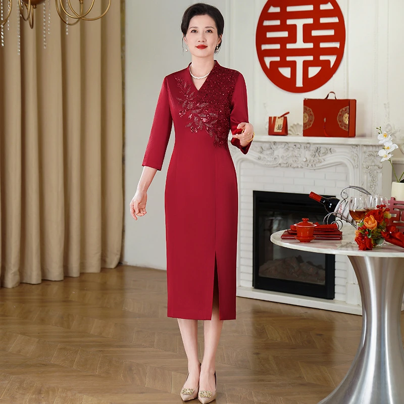 喜婆婆婚宴装春夏新款高贵喜妈妈婚宴礼服高端改良款旗袍连衣裙