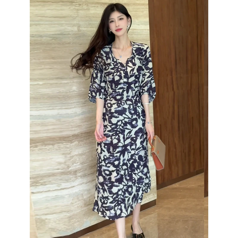 5651#夏季时尚复古气质法式连衣裙女新款裙子收腰显瘦度假风长裙