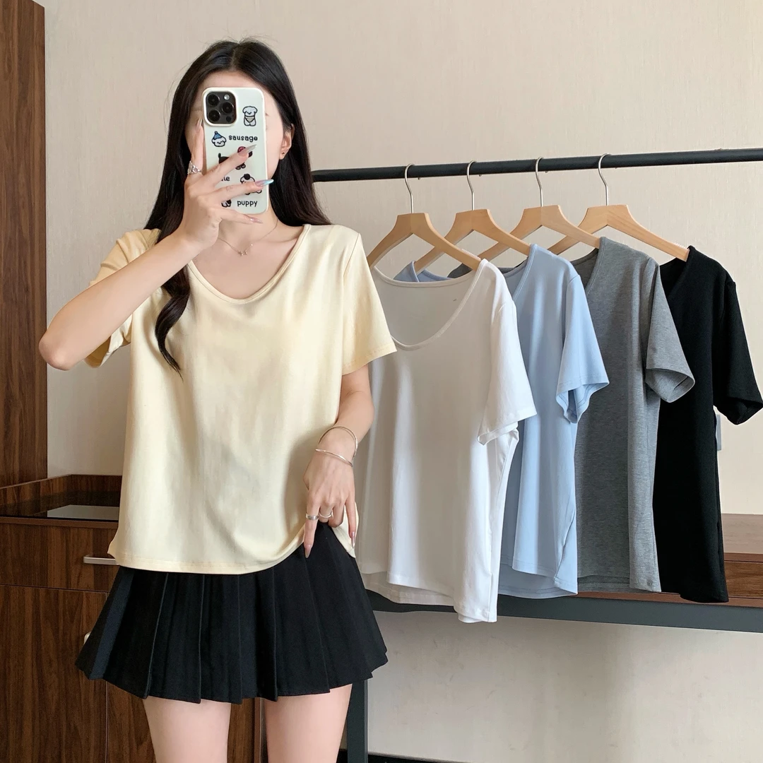 2025新款大码女装胖mm基础百搭纯色宽松遮肉显瘦短袖T恤上衣女