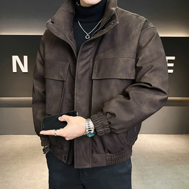 羽绒服男冬季加厚保暖2025新款美式休闲工装PU皮面防寒服男装外套